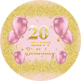 Lofaris Pink Balloons Round Gold Glitter 20th Birthday Backdrop